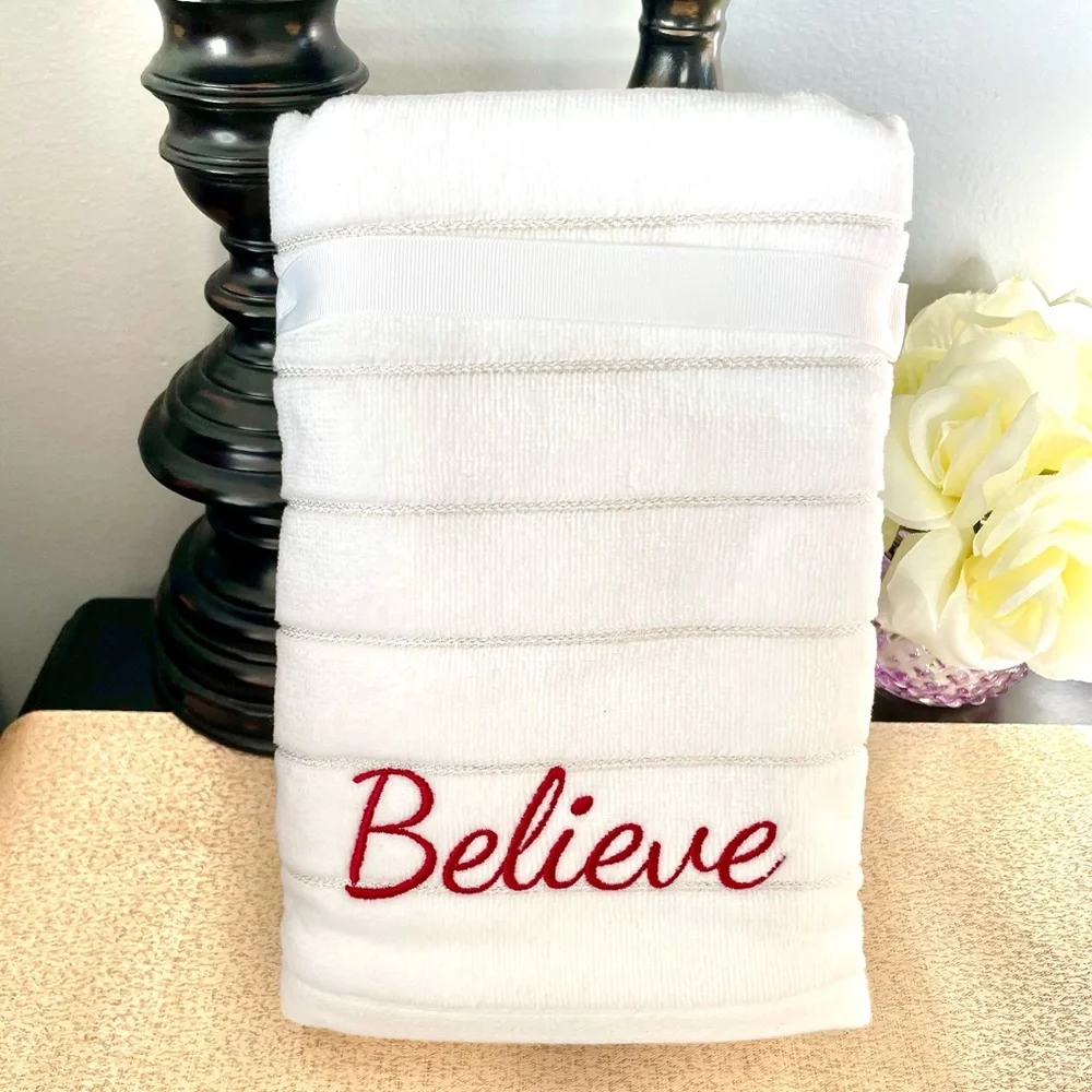 NWT Set of 2 BELIEVE Metallic Hand Towels